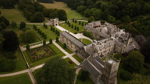 Drone shot of Lanhydrock house and Parterre
